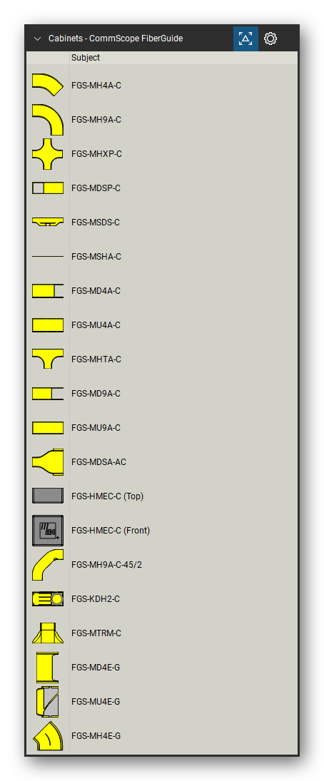 Racks, Cabinets & Cable Pathways tool set for Bluebeam Revu, CommScope FiberGuide set (tools 1-20 of 139) - 20 views of 19 devices, front and top: FGS-MH4A-C, FGS-MH9A-C, FGS-MHXP-C, FGS-MDSP-C, FGS-MSDS-C, FGS-MSHA-C, FGS-MD4A-C, FGS-MU4A-C, FGS-MHTA-C, FGS-MD9A-C and 9 more. Tool Chest in Detail view, one row per tool with its name.