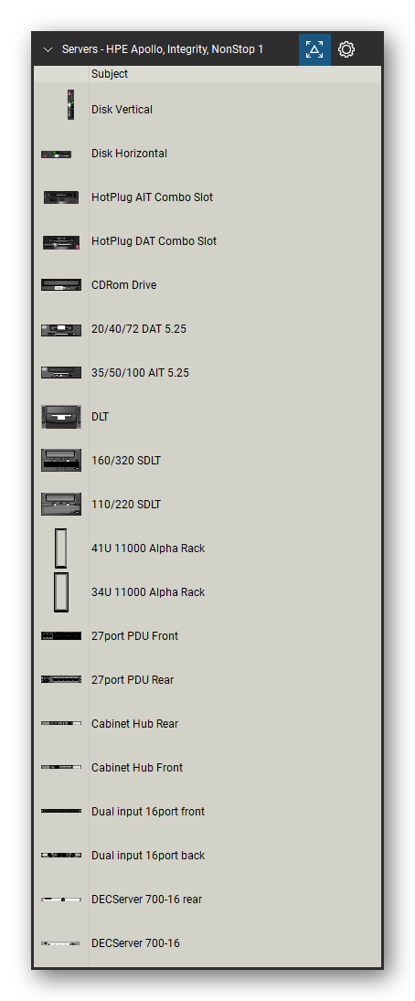 Servers tool set for Bluebeam Revu, HPE Apollo, Integrity, NonStop 1 set (tools 1-20 of 233) - 20 views of 16 devices, front and rear: Disk Vertical, Disk Horizontal, HotPlug AIT Combo Slot, HotPlug DAT Combo Slot, CDRom Drive, 20/40/72 DAT 5.25, 35/50/100 AIT 5.25, DLT, 160/320 SDLT, 110/220 SDLT and 6 more. Tool Chest in Detail view, one row per tool with its name.