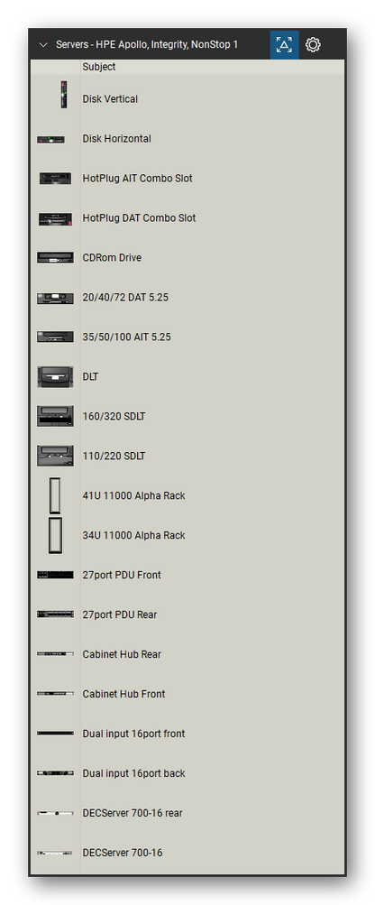Servers tool set for Bluebeam Revu, HPE Apollo, Integrity, NonStop 1 set (tools 1-20 of 233) - 20 views of 16 devices, front and rear: Disk Vertical, Disk Horizontal, HotPlug AIT Combo Slot, HotPlug DAT Combo Slot, CDRom Drive, 20/40/72 DAT 5.25, 35/50/100 AIT 5.25, DLT, 160/320 SDLT, 110/220 SDLT and 6 more. Tool Chest in Detail view, one row per tool with its name.