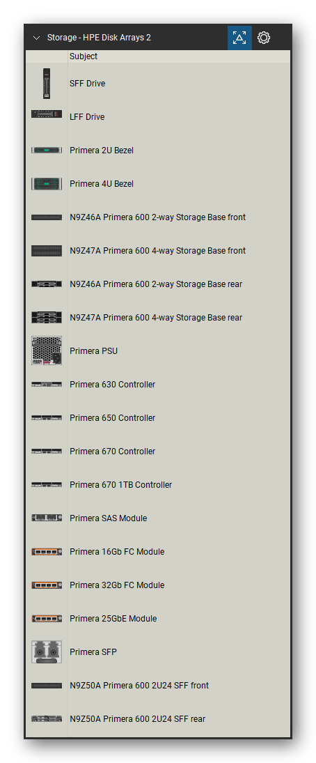 Storage & Backup tool set for Bluebeam Revu, HPE Disk Arrays 2 set (tools 1-20 of 207) - 20 views of 17 devices, front and rear: SFF Drive, LFF Drive, Primera 2U Bezel, Primera 4U Bezel, N9Z46A Primera 600 2-way Storage Base, N9Z47A Primera 600 4-way Storage Base, Primera PSU, Primera 630 Controller, Primera 650 Controller, Primera 670 Controller and 7 more. Tool Chest in Detail view, one row per tool with its name.