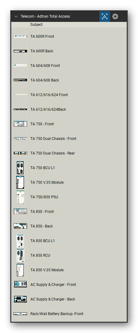 Telecom, Voice & Wireless tool set for Bluebeam Revu, Adtran Total Access set (tools 1-20 of 85) - 20 views of 15 devices, front and rear: TA 600R, TA 604/608, TA 612/616/624, TA 612/616/624Back, TA 750, TA 750 Dual Chassis, TA 750 BCU L1, TA 750 V.35 Module, TA 750/850 PSU, TA 850 and 5 more. Tool Chest in Detail view, one row per tool with its name.