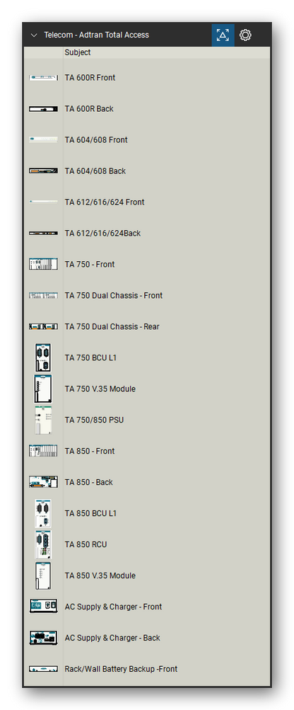 Telecom, Voice & Wireless tool set for Bluebeam Revu, Adtran Total Access set (tools 1-20 of 85) - 20 views of 15 devices, front and rear: TA 600R, TA 604/608, TA 612/616/624, TA 612/616/624Back, TA 750, TA 750 Dual Chassis, TA 750 BCU L1, TA 750 V.35 Module, TA 750/850 PSU, TA 850 and 5 more. Tool Chest in Detail view, one row per tool with its name.