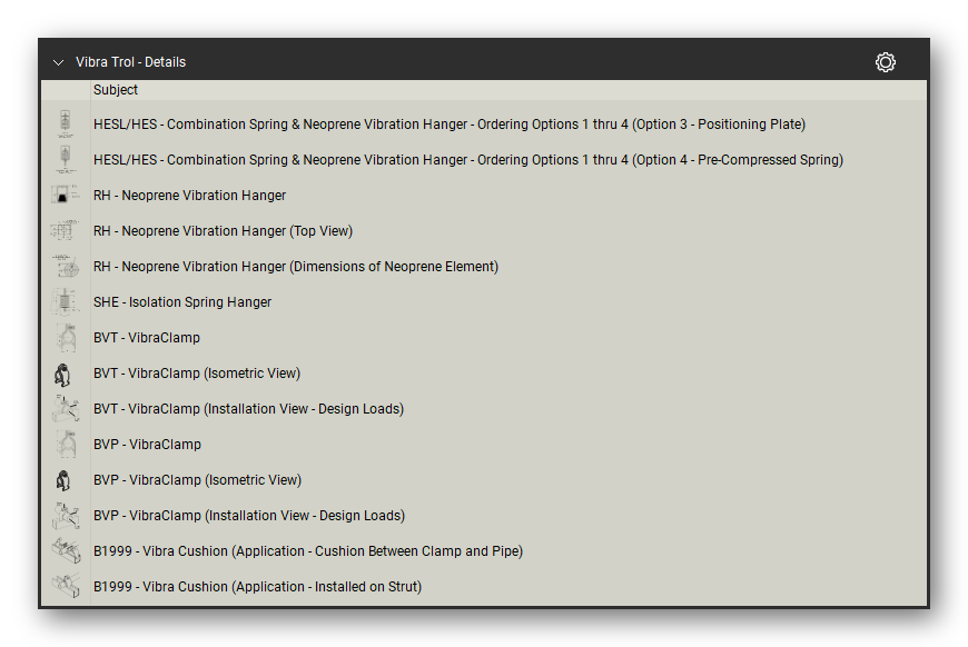 Vibra trol vibration isolation in the Pipe Hangers and Supports Takeoff & Estimating Bluebeam tool set (sheet 3 of 3)