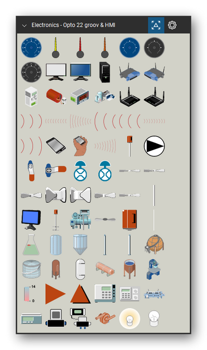Automation & Electronics tool set for Bluebeam Revu, Opto 22 groov & HMI set (tools 73-144 of 234) - 72 views of 69 devices, side: blue gauge 0-100, needle yellow, needle red, needle_orange, blue gauge, gray gauge, gray gauge 0-100, monitor black, monitor, Tower PC 2 and 59 more. Tool Chest in Symbol view.