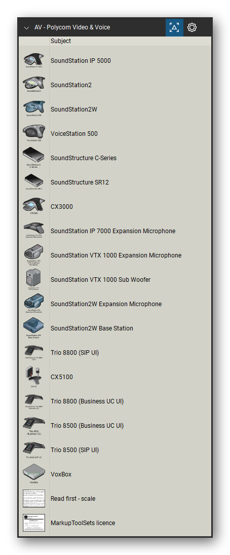 AV, Broadcast & Stage Lighting tool set for Bluebeam Revu, Polycom Video & Voice set (tools 60-77 of 77) - 18 tools: SoundStation IP 5000, SoundStation2, SoundStation2W, VoiceStation 500, SoundStructure C-Series, SoundStructure SR12, CX3000, SoundStation IP 7000 Expansion Microphone, SoundStation VTX 1000 Expansion Microphone, SoundStation VTX 1000 Sub Woofer and 8 more. Tool Chest in Detail view, one row per tool with its name.