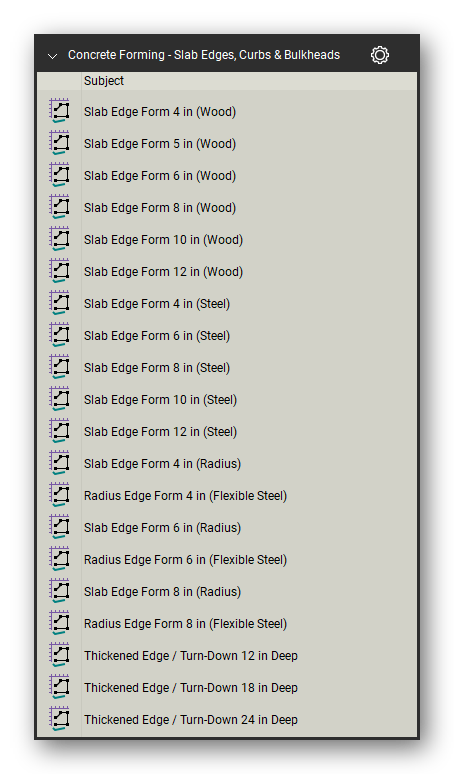 Slab edges curbs and bulkheads in the Concrete Forming Takeoff & Estimating Bluebeam tool set (sheet 1 of 3)