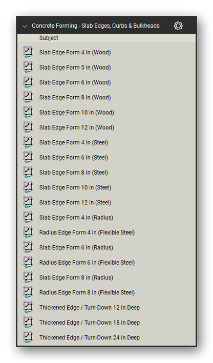 Slab edges curbs and bulkheads in the Concrete Forming Takeoff & Estimating Bluebeam tool set (sheet 1 of 3)