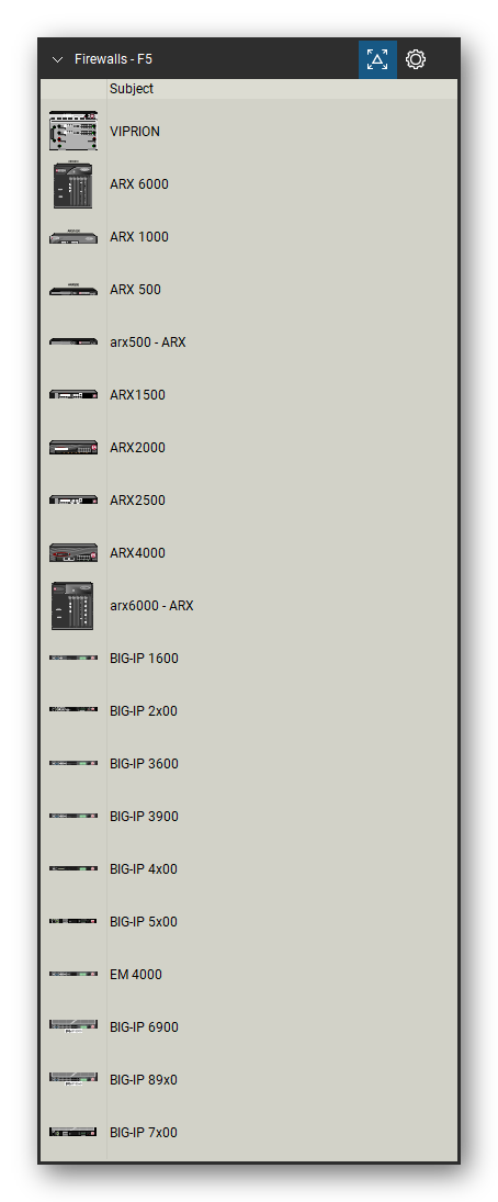 Firewalls & Security Appliances tool set for Bluebeam Revu, F5 set (tools 1-20 of 43) - 20 tools: VIPRION, ARX 6000, ARX 1000, ARX 500, arx500 - ARX, ARX1500, ARX2000, ARX2500, ARX4000, arx6000 - ARX and 10 more. Tool Chest in Detail view, one row per tool with its name.
