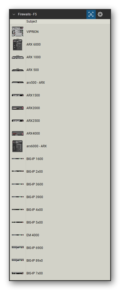 Firewalls & Security Appliances tool set for Bluebeam Revu, F5 set (tools 1-20 of 43) - 20 tools: VIPRION, ARX 6000, ARX 1000, ARX 500, arx500 - ARX, ARX1500, ARX2000, ARX2500, ARX4000, arx6000 - ARX and 10 more. Tool Chest in Detail view, one row per tool with its name.