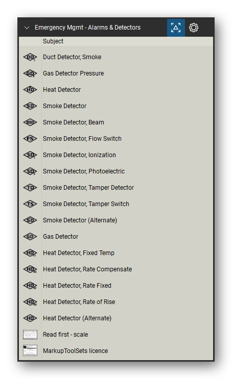 Incident & Emergency Management tool set for Bluebeam Revu, Alarms & Detectors set (tools 21-37 of 37) - 17 tools: Duct Detector, Smoke, Gas Detector Pressure, Heat Detector, Smoke Detector, Smoke Detector, Beam, Smoke Detector, Flow Switch, Smoke Detector, Ionization, Smoke Detector, Photoelectric, Smoke Detector, Tamper Detector, Smoke Detector, Tamper Switch and 7 more. Tool Chest in Detail view, one row per tool with its name.