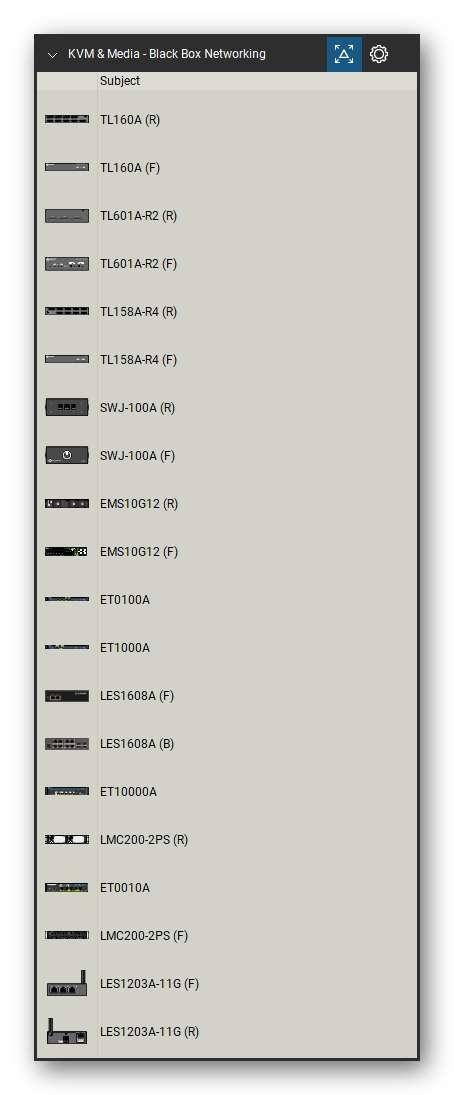 KVM, Console Servers & Media Converters tool set for Bluebeam Revu, Black Box Networking set (tools 1-20 of 213) - 20 views of 13 devices, front and rear: TL160A, TL601A-R2, TL158A-R4, SWJ-100A, EMS10G12, ET0100A, ET1000A, LES1608A, LES1608A (B), ET10000A and 3 more. Tool Chest in Detail view, one row per tool with its name.