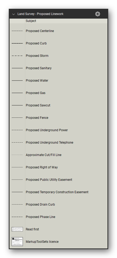 Land Survey tool set for Bluebeam Revu, Proposed Linework set (part 1 of 2) - 16 proposed lines: centerline, curb, storm, sanitary, water, gas, sawcut, fence, underground power and telephone, approximate cut/fill line, right of way, public utility and temporary construction easements, drain curb and phase line. Tool Chest in Detail view, one row per tool with its full name.