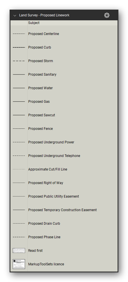 Land Survey tool set for Bluebeam Revu, Proposed Linework set (part 1 of 2) - 16 proposed lines: centerline, curb, storm, sanitary, water, gas, sawcut, fence, underground power and telephone, approximate cut/fill line, right of way, public utility and temporary construction easements, drain curb and phase line. Tool Chest in Detail view, one row per tool with its full name.