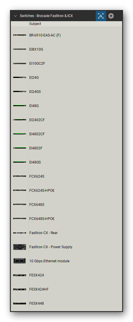 Network Switches & Routers tool set for Bluebeam Revu, Brocade FastIron & ICX set (tools 1-20 of 178) - 20 tools: BR-6910-EAS-AC, EI8X10G, EI10GC2F, EI24G, EI24GS, EI48G, EI2402CF, EI4802CF, EI4802F, EI48GS and 10 more. Tool Chest in Detail view, one row per tool with its name.