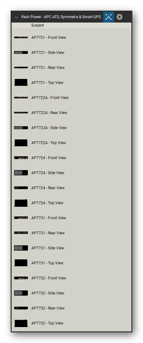 Rack Power tool set for Bluebeam Revu, APC ATS, Symmetra & Smart-UPS set (tools 1-20 of 325) - 20 views of 5 devices, front, rear, side and top: AP7721, AP7722A, AP7724, AP7731 and AP7732. Tool Chest in Detail view, one row per tool with its name.