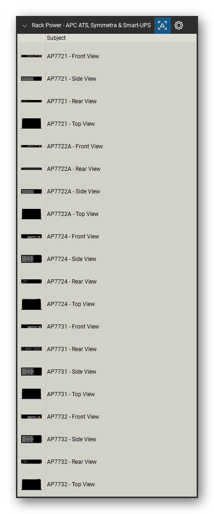 Rack Power tool set for Bluebeam Revu, APC ATS, Symmetra & Smart-UPS set (tools 1-20 of 325) - 20 views of 5 devices, front, rear, side and top: AP7721, AP7722A, AP7724, AP7731 and AP7732. Tool Chest in Detail view, one row per tool with its name.