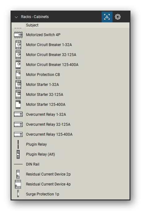 Racks tool set for Bluebeam Revu, Electrical Cabinets set (part 3 of 4) - 67 cabinet components: cabinet with Revu Dimension markups, panel wiring ducts with editable size labels, circuit breakers, MCCBs, contactors, motor starters, overcurrent relays, residual current and surge protection devices, distribution blocks, DIN rail and terminals. Tool Chest in Detail view, one row per tool with its name.