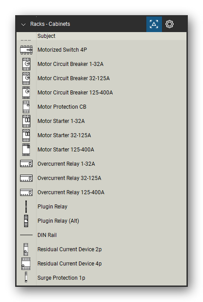 Racks tool set for Bluebeam Revu, Electrical Cabinets set (part 3 of 4) - 67 cabinet components: cabinet with Revu Dimension markups, panel wiring ducts with editable size labels, circuit breakers, MCCBs, contactors, motor starters, overcurrent relays, residual current and surge protection devices, distribution blocks, DIN rail and terminals. Tool Chest in Detail view, one row per tool with its name.