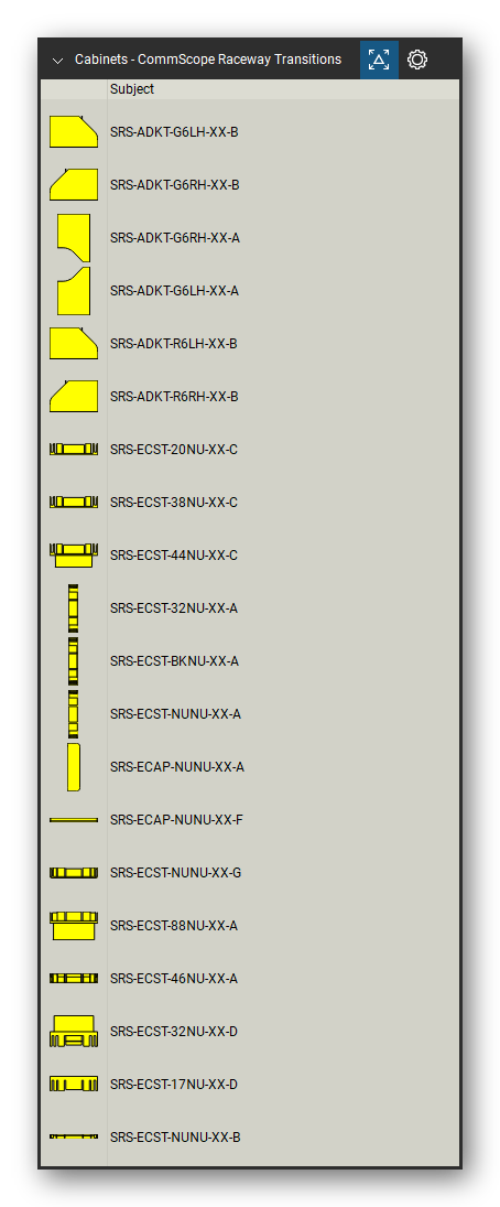 Racks, Cabinets & Cable Pathways tool set for Bluebeam Revu, CommScope Raceway Transitions set (tools 1-20 of 207) - 20 tools: SRS-ADKT-G6LH-XX-B, SRS-ADKT-G6RH-XX-B, SRS-ADKT-G6RH-XX-A, SRS-ADKT-G6LH-XX-A, SRS-ADKT-R6LH-XX-B, SRS-ADKT-R6RH-XX-B, SRS-ECST-20NU-XX-C, SRS-ECST-38NU-XX-C, SRS-ECST-44NU-XX-C, SRS-ECST-32NU-XX-A and 10 more. Tool Chest in Detail view, one row per tool with its name.