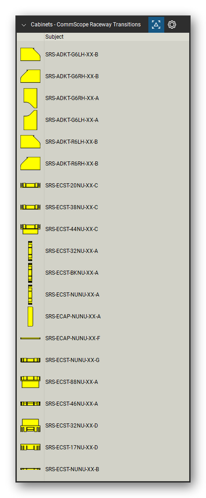 Racks, Cabinets & Cable Pathways tool set for Bluebeam Revu, CommScope Raceway Transitions set (tools 1-20 of 207) - 20 tools: SRS-ADKT-G6LH-XX-B, SRS-ADKT-G6RH-XX-B, SRS-ADKT-G6RH-XX-A, SRS-ADKT-G6LH-XX-A, SRS-ADKT-R6LH-XX-B, SRS-ADKT-R6RH-XX-B, SRS-ECST-20NU-XX-C, SRS-ECST-38NU-XX-C, SRS-ECST-44NU-XX-C, SRS-ECST-32NU-XX-A and 10 more. Tool Chest in Detail view, one row per tool with its name.