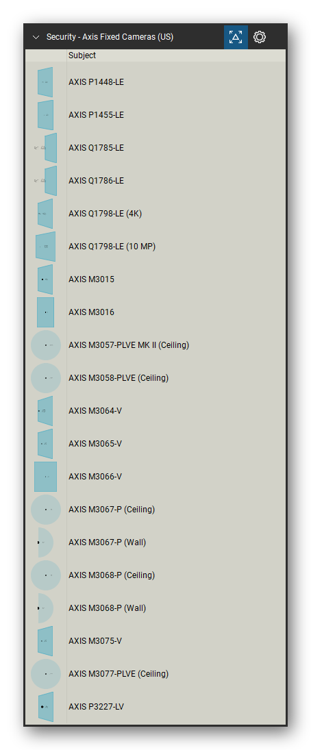 Security & Surveillance tool set for Bluebeam Revu, Axis Fixed Cameras (US) set (tools 41-60 of 103) - 20 tools: AXIS P1448-LE, AXIS P1455-LE, AXIS Q1785-LE, AXIS Q1786-LE, AXIS Q1798-LE (4K), AXIS Q1798-LE (10 MP), AXIS M3015, AXIS M3016, AXIS M3057-PLVE MK II (Ceiling), AXIS M3058-PLVE (Ceiling) and 10 more. Tool Chest in Detail view, one row per tool with its name.