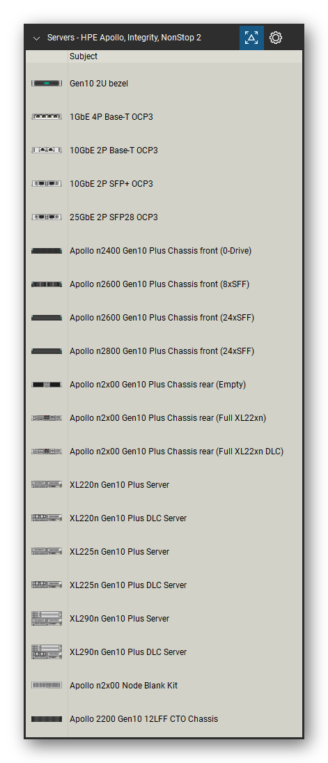 Servers tool set for Bluebeam Revu, HPE Apollo, Integrity, NonStop 2 set (tools 1-20 of 167) - 20 tools: Gen10 2U bezel, 1GbE 4P Base-T OCP3, 10GbE 2P Base-T OCP3, 10GbE 2P SFP+ OCP3, 25GbE 2P SFP28 OCP3, Apollo n2400 Gen10 Plus Chassis front, Apollo n2600 Gen10 Plus Chassis front, Apollo n2800 Gen10 Plus Chassis front, Apollo n2x00 Gen10 Plus Chassis rear (Empty), Apollo n2x00 Gen10 Plus Chassis rear (Full and 10 more. Tool Chest in Detail view, one row per tool with its name.