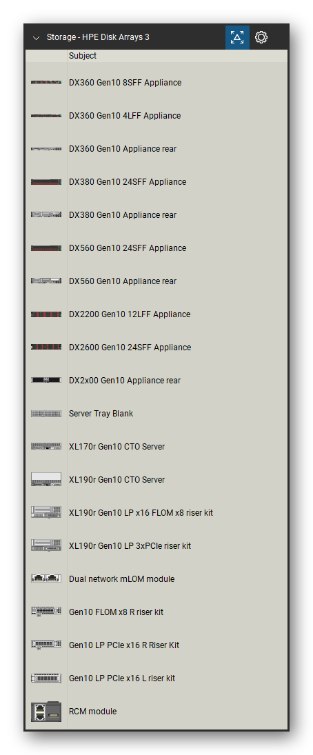 Storage & Backup tool set for Bluebeam Revu, HPE Disk Arrays 3 set (tools 1-20 of 223) - 20 tools: DX360 Gen10 8SFF Appliance, DX360 Gen10 4LFF Appliance, DX360 Gen10 Appliance, DX380 Gen10 24SFF Appliance, DX380 Gen10 Appliance, DX560 Gen10 24SFF Appliance, DX560 Gen10 Appliance, DX2200 Gen10 12LFF Appliance, DX2600 Gen10 24SFF Appliance, DX2x00 Gen10 Appliance and 10 more. Tool Chest in Detail view, one row per tool with its name.