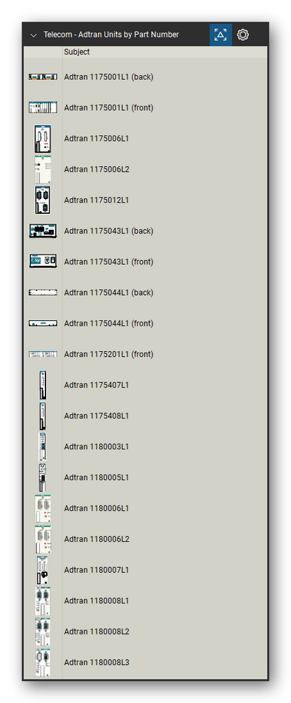 Telecom, Voice & Wireless tool set for Bluebeam Revu, Adtran Units by Part Number set (tools 1-20 of 320) - 20 views of 17 devices, front and rear: Adtran 1175001L1, Adtran 1175006L1, Adtran 1175006L2, Adtran 1175012L1, Adtran 1175043L1, Adtran 1175044L1, Adtran 1175201L1, Adtran 1175407L1, Adtran 1175408L1, Adtran 1180003L1 and 7 more. Tool Chest in Detail view, one row per tool with its name.