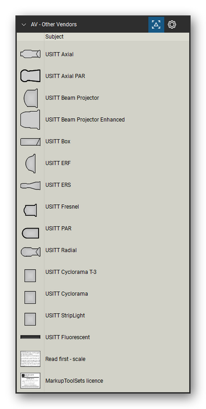 AV, Broadcast & Stage Lighting tool set for Bluebeam Revu, Other Vendors set - 14 tools: USITT Axial, USITT Axial PAR, USITT Beam Projector, USITT Beam Projector Enhanced, USITT Box, USITT ERF, USITT ERS, USITT Fresnel, USITT PAR, USITT Radial and 4 more. Tool Chest in Detail view, one row per tool with its name.