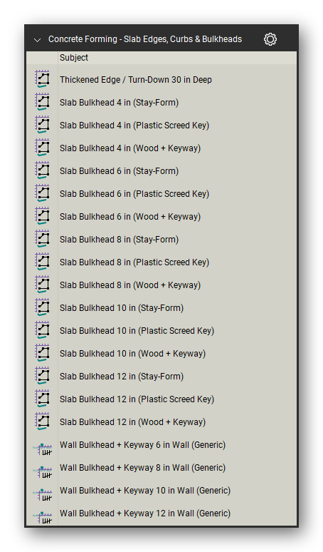 Slab edges curbs and bulkheads in the Concrete Forming Takeoff & Estimating Bluebeam tool set (sheet 2 of 3)