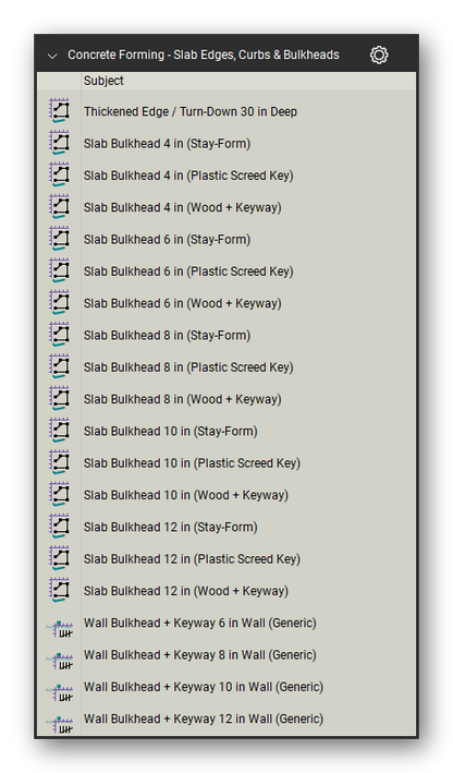 Slab edges curbs and bulkheads in the Concrete Forming Takeoff & Estimating Bluebeam tool set (sheet 2 of 3)