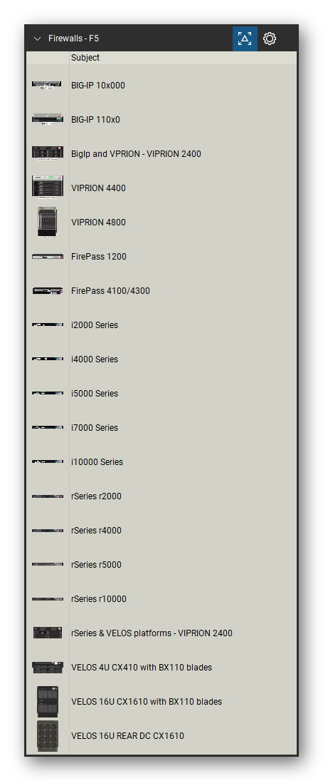 Firewalls & Security Appliances tool set for Bluebeam Revu, F5 set (tools 21-40 of 43) - 20 tools: BIG-IP 10x000, BIG-IP 110x0, BigIp and VPRION - VIPRION 2400, VIPRION 4400, VIPRION 4800, FirePass 1200, FirePass 4100/4300, i2000 Series, i4000 Series, i5000 Series and 10 more. Tool Chest in Detail view, one row per tool with its name.