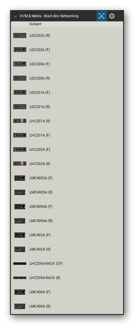 KVM, Console Servers & Media Converters tool set for Bluebeam Revu, Black Box Networking set (tools 21-40 of 213) - 20 views of 10 devices, front and rear: LGC202A, LGC200A, LGC201A, LHC201A, LHC202A, LMC4003A, LMC4004A, LMC402A, LHC200A-RACK and LMC400A. Tool Chest in Detail view, one row per tool with its name.