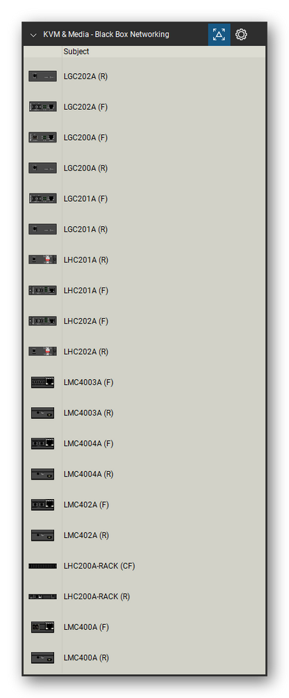 KVM, Console Servers & Media Converters tool set for Bluebeam Revu, Black Box Networking set (tools 21-40 of 213) - 20 views of 10 devices, front and rear: LGC202A, LGC200A, LGC201A, LHC201A, LHC202A, LMC4003A, LMC4004A, LMC402A, LHC200A-RACK and LMC400A. Tool Chest in Detail view, one row per tool with its name.