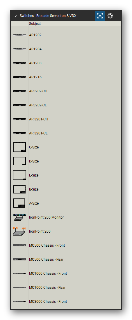 Network Switches & Routers tool set for Bluebeam Revu, Brocade ServerIron & VDX set (tools 1-20 of 136) - 20 views of 18 devices, front and rear: AR1202, AR1204, AR1208, AR1216, AR3202-CH, AR3202-CL, AR 3201-CH, AR 3201-CL, C-Size, D-Size and 8 more. Tool Chest in Detail view, one row per tool with its name.