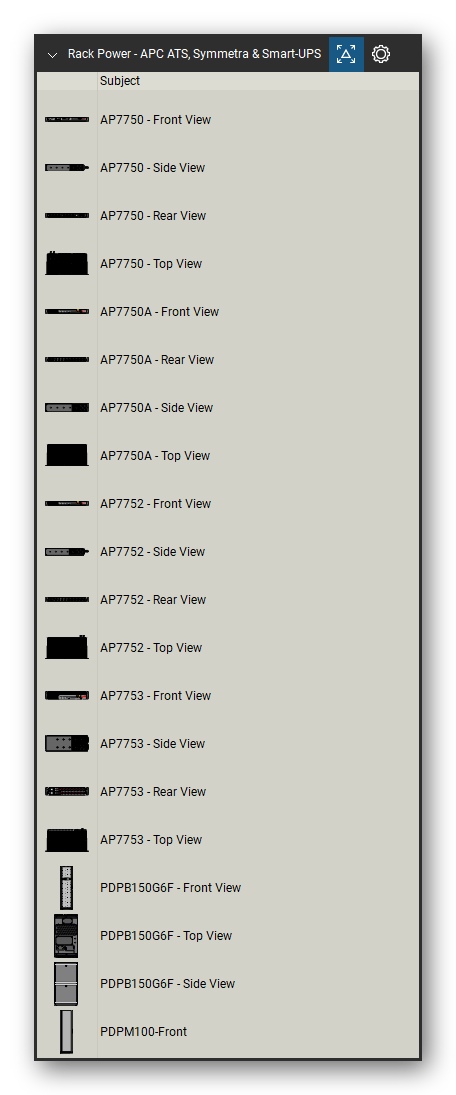 Rack Power tool set for Bluebeam Revu, APC ATS, Symmetra & Smart-UPS set (tools 21-40 of 325) - 20 views of 6 devices, front, rear, side and top: AP7750, AP7750A, AP7752, AP7753, PDPB150G6F and PDPM100. Tool Chest in Detail view, one row per tool with its name.