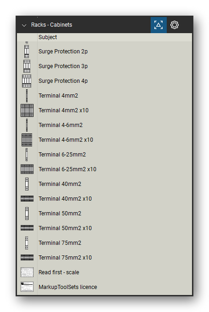 Racks tool set for Bluebeam Revu, Electrical Cabinets set (part 4 of 4) - 67 cabinet components: cabinet with Revu Dimension markups, panel wiring ducts with editable size labels, circuit breakers, MCCBs, contactors, motor starters, overcurrent relays, residual current and surge protection devices, distribution blocks, DIN rail and terminals. Tool Chest in Detail view, one row per tool with its name.