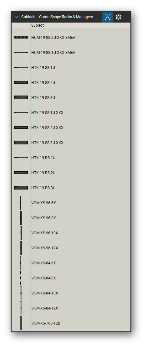 Racks, Cabinets & Cable Pathways tool set for Bluebeam Revu, CommScope Racks & Managers set (tools 1-20 of 60) - 20 tools: HCM-19-SS-2U-XXX-EMEA, HCM-19-SS-1U-XXX-EMEA, HTK-19-SS-1U, HTK-19-SS-2U, HTK-19-SS-3U, HTK-19-SS-1U-XXX, HTK-19-SS-2U-XXX, HTK-19-SS-3U-XXX, HTK-19-DS-1U, HTK-19-DS-2U and 10 more. Tool Chest in Detail view, one row per tool with its name.