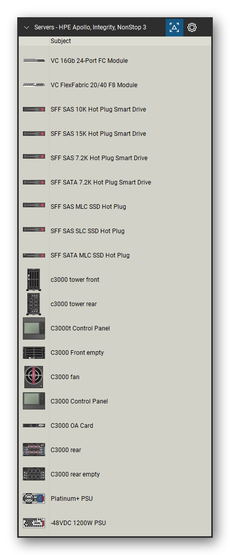 Servers tool set for Bluebeam Revu, HPE Apollo, Integrity, NonStop 3 set (tools 1-20 of 208) - 20 views of 19 devices, front and rear: VC 16Gb 24-Port FC Module, VC FlexFabric 20/40 F8 Module, SFF SAS 10K Hot Plug Smart Drive, SFF SAS 15K Hot Plug Smart Drive, SFF SAS 7.2K Hot Plug Smart Drive, SFF SATA 7.2K Hot Plug Smart Drive, SFF SAS MLC SSD Hot Plug, SFF SAS SLC SSD Hot Plug, SFF SATA MLC SSD Hot Plug, c3000 tower and 9 more. Tool Chest in Detail view, one row per tool with its name.