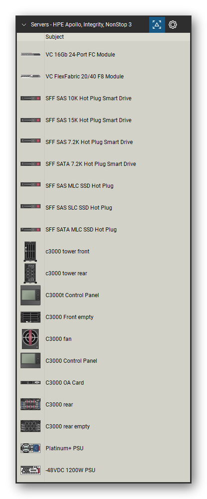 Servers tool set for Bluebeam Revu, HPE Apollo, Integrity, NonStop 3 set (tools 1-20 of 208) - 20 views of 19 devices, front and rear: VC 16Gb 24-Port FC Module, VC FlexFabric 20/40 F8 Module, SFF SAS 10K Hot Plug Smart Drive, SFF SAS 15K Hot Plug Smart Drive, SFF SAS 7.2K Hot Plug Smart Drive, SFF SATA 7.2K Hot Plug Smart Drive, SFF SAS MLC SSD Hot Plug, SFF SAS SLC SSD Hot Plug, SFF SATA MLC SSD Hot Plug, c3000 tower and 9 more. Tool Chest in Detail view, one row per tool with its name.