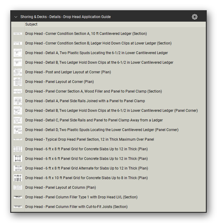 Details drop head application guide in the Shoring & Elevated Decks Takeoff & Estimating Bluebeam tool set (sheet 4 of 5)
