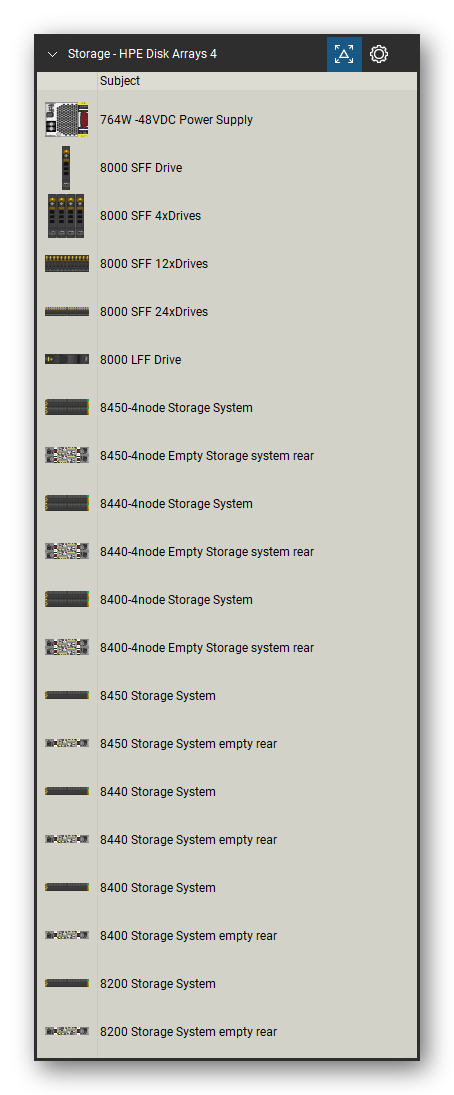 Storage & Backup tool set for Bluebeam Revu, HPE Disk Arrays 4 set (tools 1-20 of 168) - 20 tools: 764W -48VDC Power Supply, 8000 SFF Drive, 8000 SFF 4xDrives, 8000 SFF 12xDrives, 8000 SFF 24xDrives, 8000 LFF Drive, 8450-4node Storage System, 8450-4node Empty Storage system, 8440-4node Storage System, 8440-4node Empty Storage system and 10 more. Tool Chest in Detail view, one row per tool with its name.