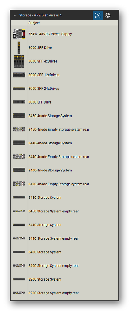 Storage & Backup tool set for Bluebeam Revu, HPE Disk Arrays 4 set (tools 1-20 of 168) - 20 tools: 764W -48VDC Power Supply, 8000 SFF Drive, 8000 SFF 4xDrives, 8000 SFF 12xDrives, 8000 SFF 24xDrives, 8000 LFF Drive, 8450-4node Storage System, 8450-4node Empty Storage system, 8440-4node Storage System, 8440-4node Empty Storage system and 10 more. Tool Chest in Detail view, one row per tool with its name.