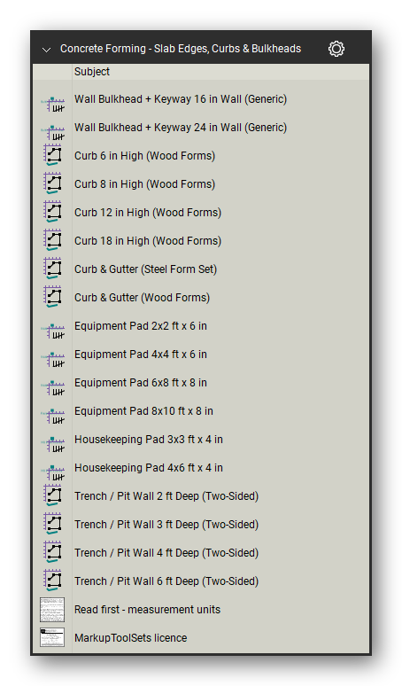 Slab edges curbs and bulkheads in the Concrete Forming Takeoff & Estimating Bluebeam tool set (sheet 3 of 3)