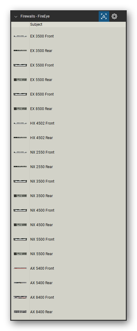 Firewalls & Security Appliances tool set for Bluebeam Revu, FireEye set (tools 1-20 of 110) - 20 views of 10 devices, front and rear: EX 3500, EX 5500, EX 8500, HX 4502, NX 2550, NX 3500, NX 4500, NX 5500, AX 5400 and AX 8400. Tool Chest in Detail view, one row per tool with its name.