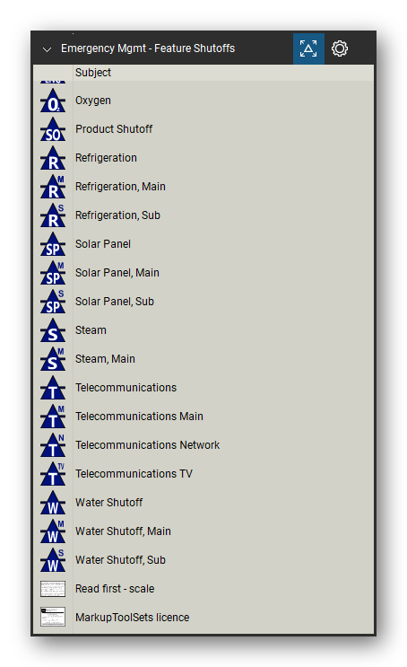 Incident & Emergency Management tool set for Bluebeam Revu, Feature Shutoffs set (tools 19-35 of 35) - 17 tools: Oxygen, Product Shutoff, Refrigeration, Refrigeration, Main, Refrigeration, Sub, Solar Panel, Solar Panel, Main, Solar Panel, Sub, Steam, Steam, Main and 7 more. Tool Chest in Detail view, one row per tool with its name.