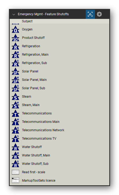 Incident & Emergency Management tool set for Bluebeam Revu, Feature Shutoffs set (tools 19-35 of 35) - 17 tools: Oxygen, Product Shutoff, Refrigeration, Refrigeration, Main, Refrigeration, Sub, Solar Panel, Solar Panel, Main, Solar Panel, Sub, Steam, Steam, Main and 7 more. Tool Chest in Detail view, one row per tool with its name.