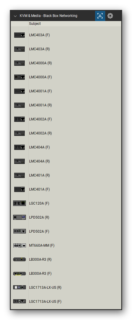 KVM, Console Servers & Media Converters tool set for Bluebeam Revu, Black Box Networking set (tools 41-60 of 213) - 20 views of 11 devices, front and rear: LMC403A, LMC4000A, LMC4001A, LMC4002A, LMC404A, LMC401A, LGC120A, LPD502A, MT660A-MM, LB300A-R3 and 1 more. Tool Chest in Detail view, one row per tool with its name.