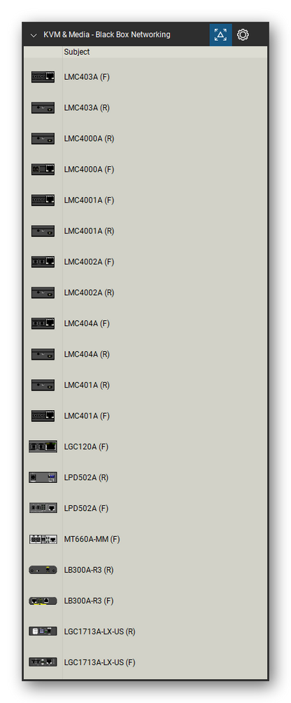 KVM, Console Servers & Media Converters tool set for Bluebeam Revu, Black Box Networking set (tools 41-60 of 213) - 20 views of 11 devices, front and rear: LMC403A, LMC4000A, LMC4001A, LMC4002A, LMC404A, LMC401A, LGC120A, LPD502A, MT660A-MM, LB300A-R3 and 1 more. Tool Chest in Detail view, one row per tool with its name.