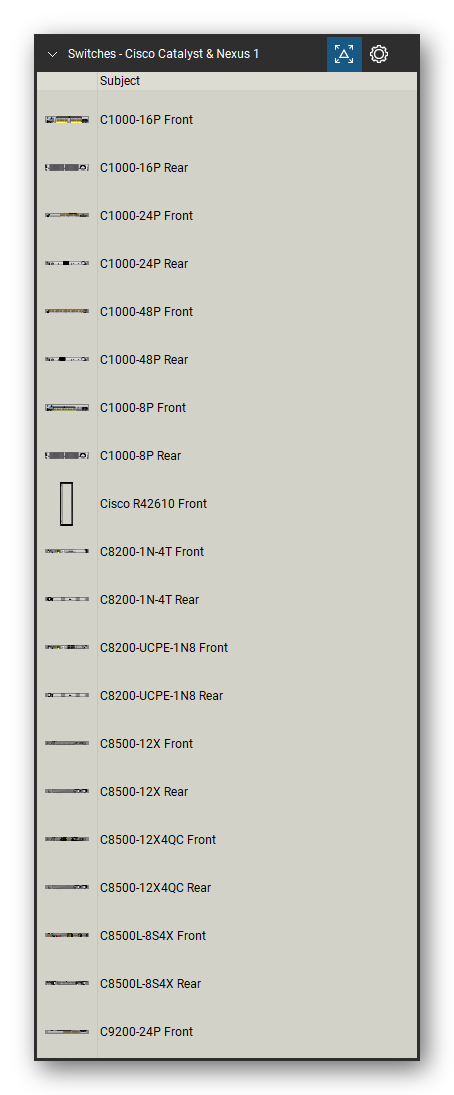 Network Switches & Routers tool set for Bluebeam Revu, Cisco Catalyst & Nexus 1 set (tools 1-20 of 199) - 20 views of 11 devices, front and rear: C1000-16P, C1000-24P, C1000-48P, C1000-8P, Cisco R42610, C8200-1N-4T, C8200-UCPE-1N8, C8500-12X, C8500-12X4QC, C8500L-8S4X and 1 more. Tool Chest in Detail view, one row per tool with its name.